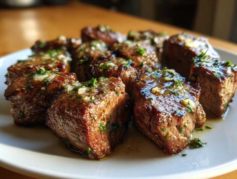Close-up of several Garlic Butter Steak Bites, perfectly seared and glistening with garlic butter sauce and parsley.