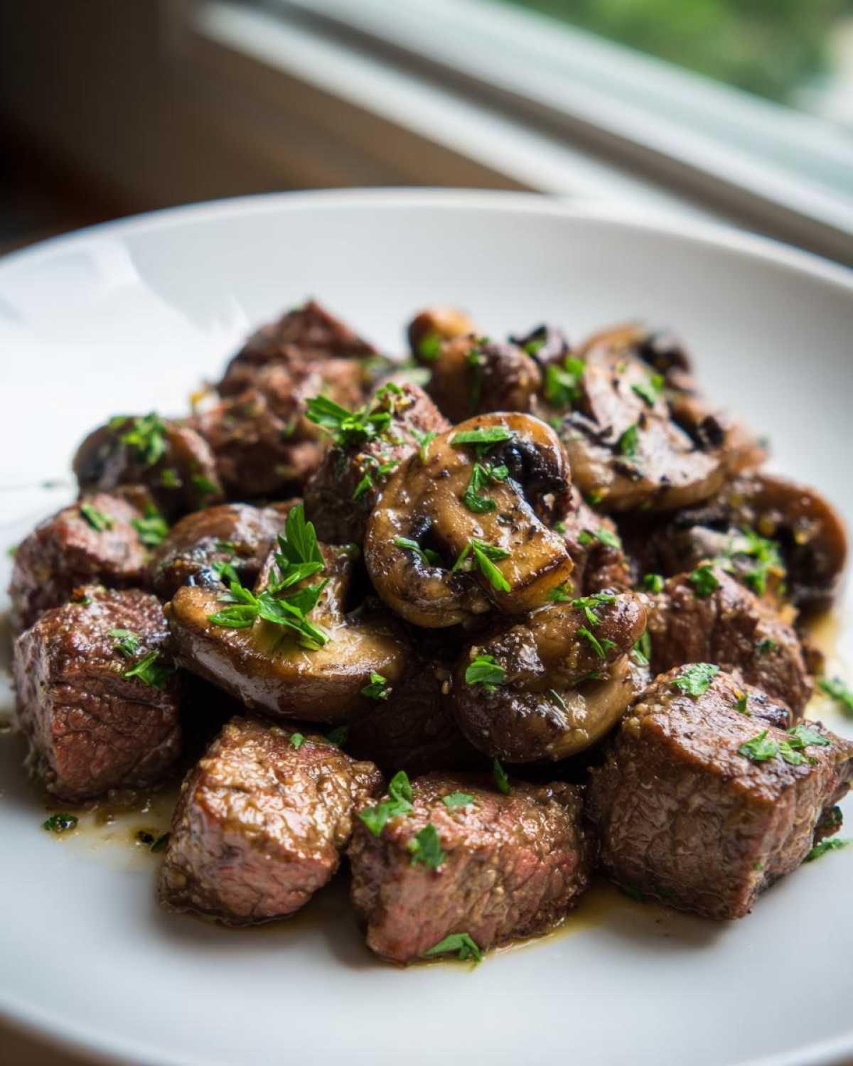 Close-up of savory Garlic Butter Steak Bites with sautéed mushrooms, garnished with fresh parsley.