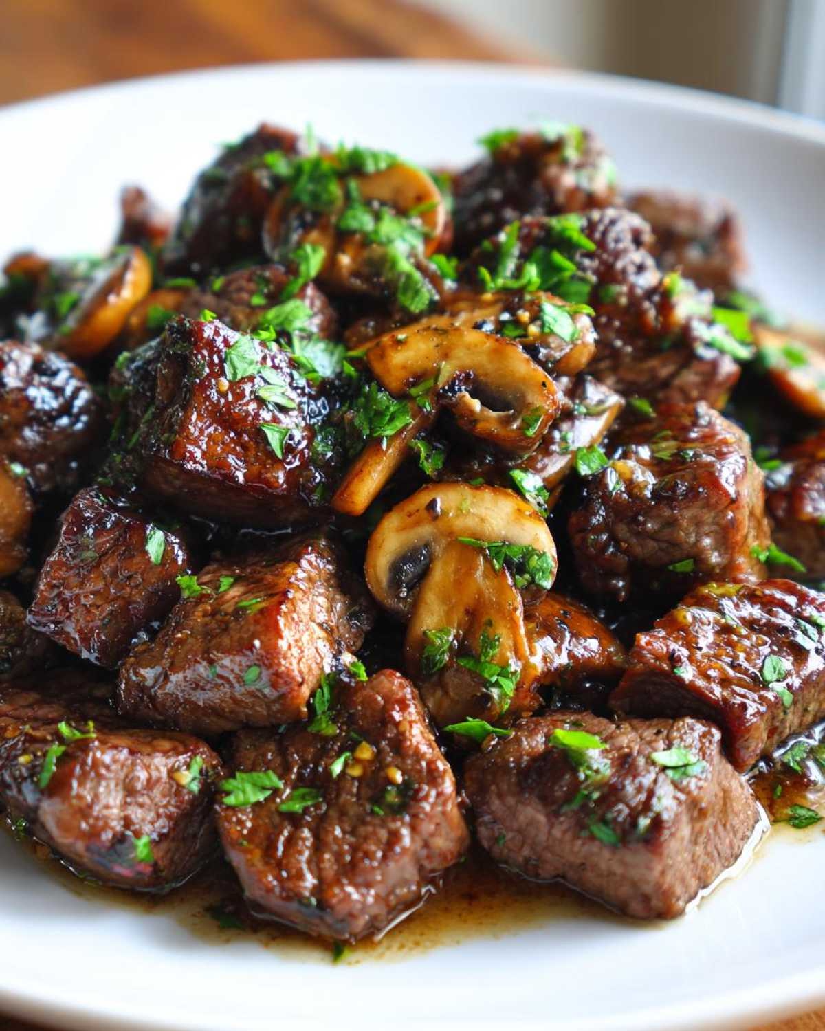 Close-up of juicy Garlic Butter Steak Bites mixed with sliced brown mushrooms and topped with fresh parsley.