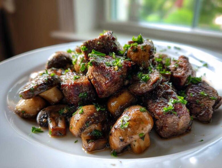 A pile of juicy Garlic Butter Steak Bites mixed with sautéed mushrooms, garnished with fresh parsley.