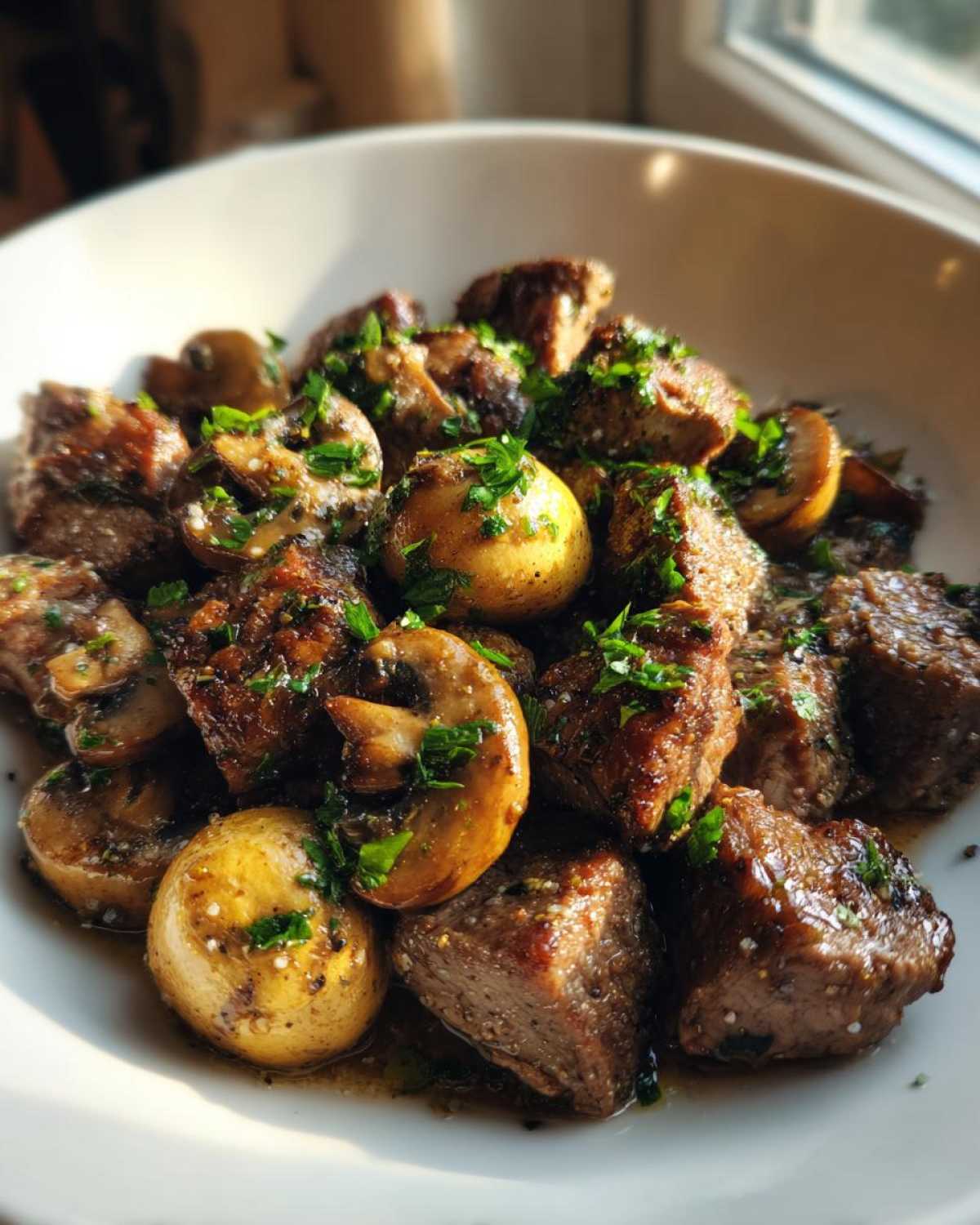 Close-up of juicy Garlic Butter Steak Bites mixed with golden brown mushrooms, garnished with fresh parsley.