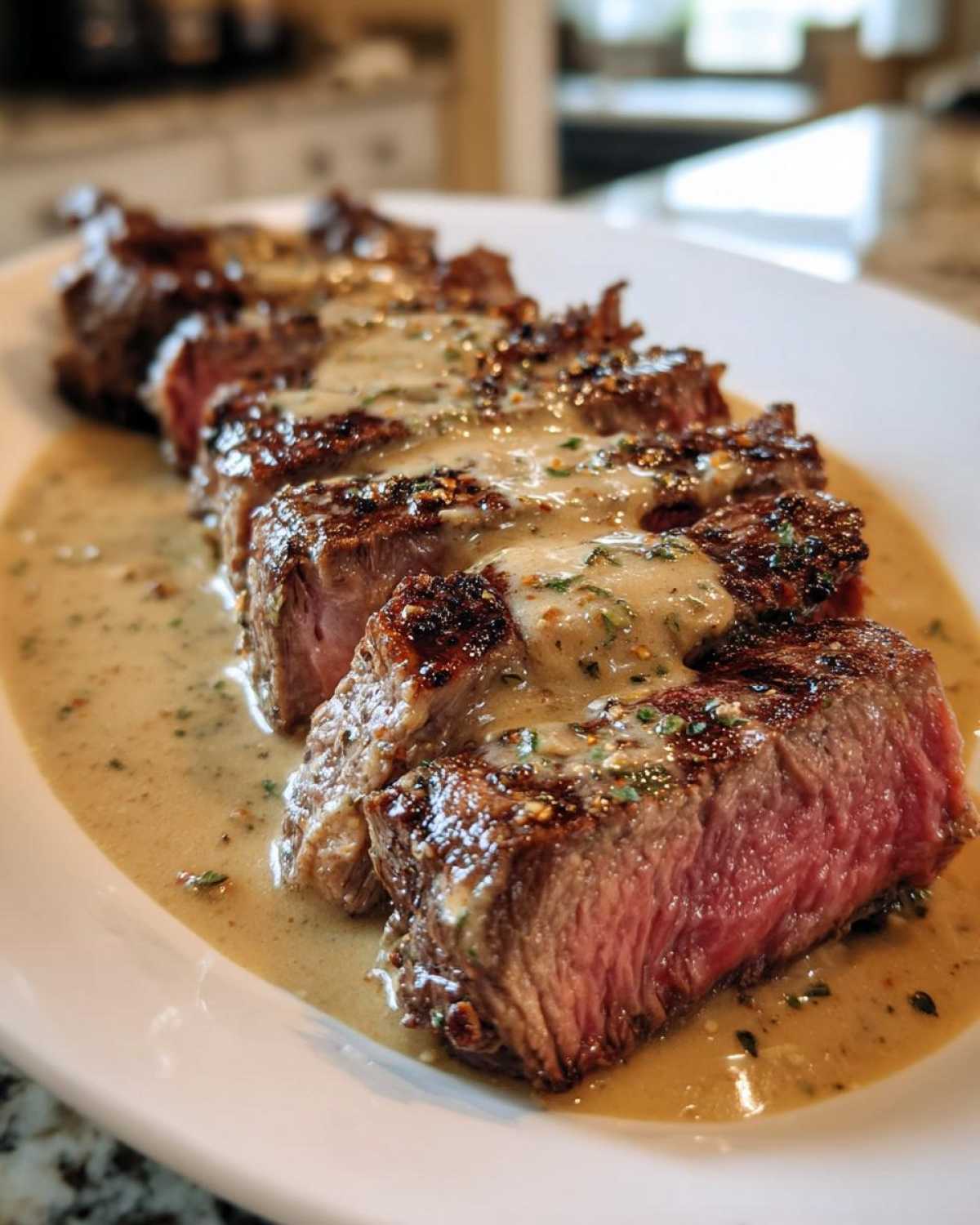 Close-up of perfectly cooked, sliced Garlic Butter Steak with Creamy Sauce drizzled over the top.