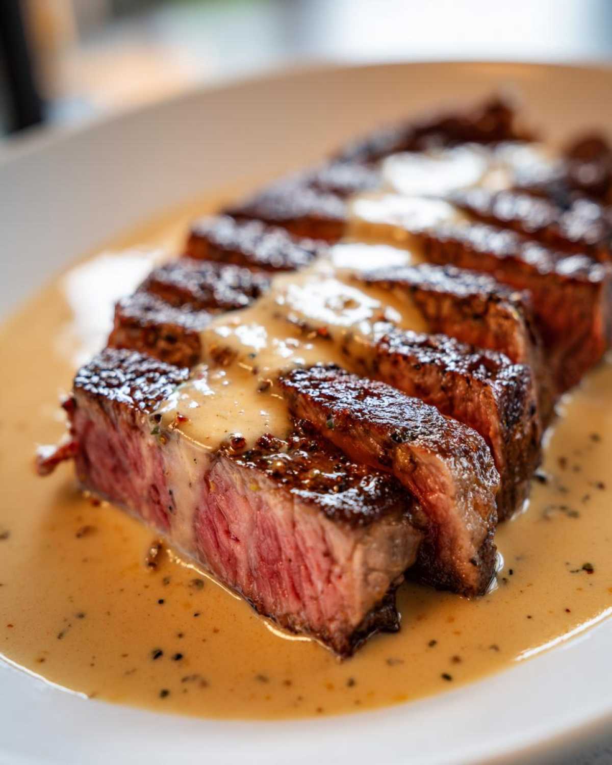 Close-up of sliced steak, medium-rare, covered in a creamy sauce, ready for the Garlic Butter Steak with Creamy Sauce recipe.