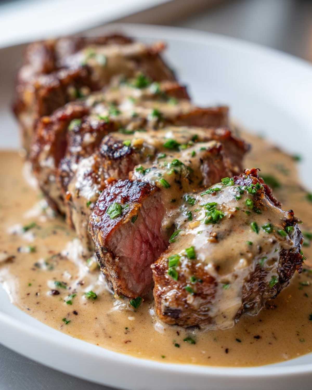 Close-up of perfectly cooked, sliced steak smothered in a rich, creamy sauce, featuring Garlic Butter Steak with Creamy Sauce.