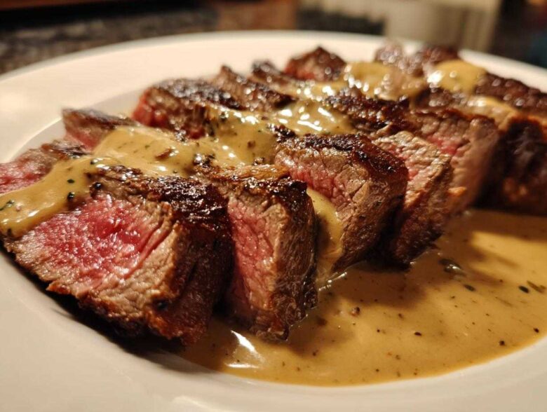 Perfectly cooked, medium-rare Garlic Butter Steak sliced and drizzled with a rich, creamy sauce.