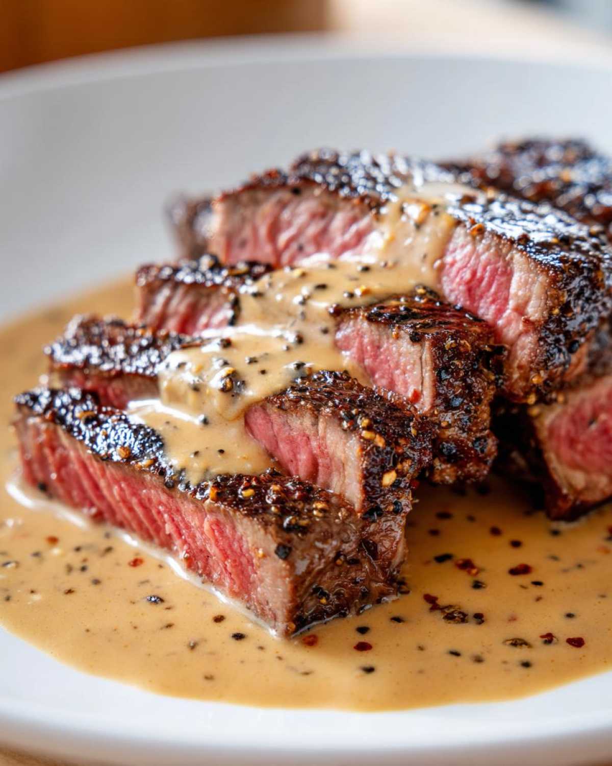 Close-up of medium-rare Garlic Butter Steak with Creamy Sauce, sliced and resting in the sauce.