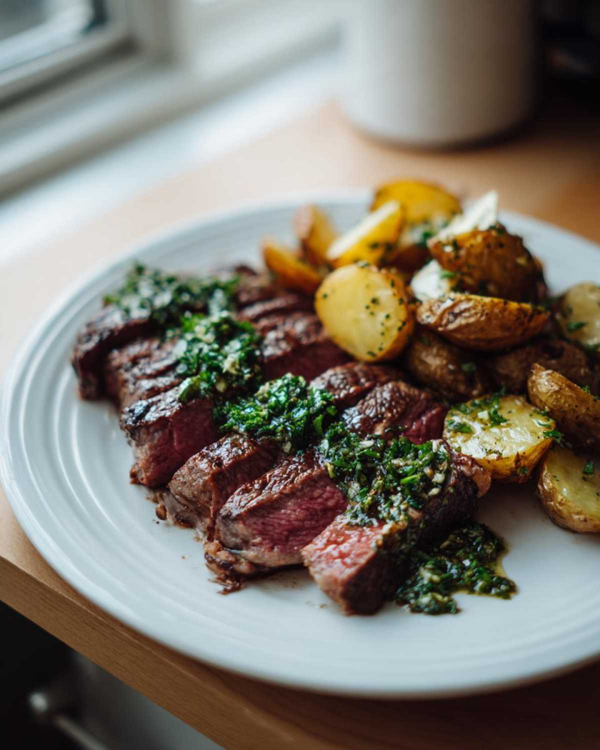 Perfectly cooked, sliced Garlic Butter Steak and Potatoes topped with a bright green herb sauce.
