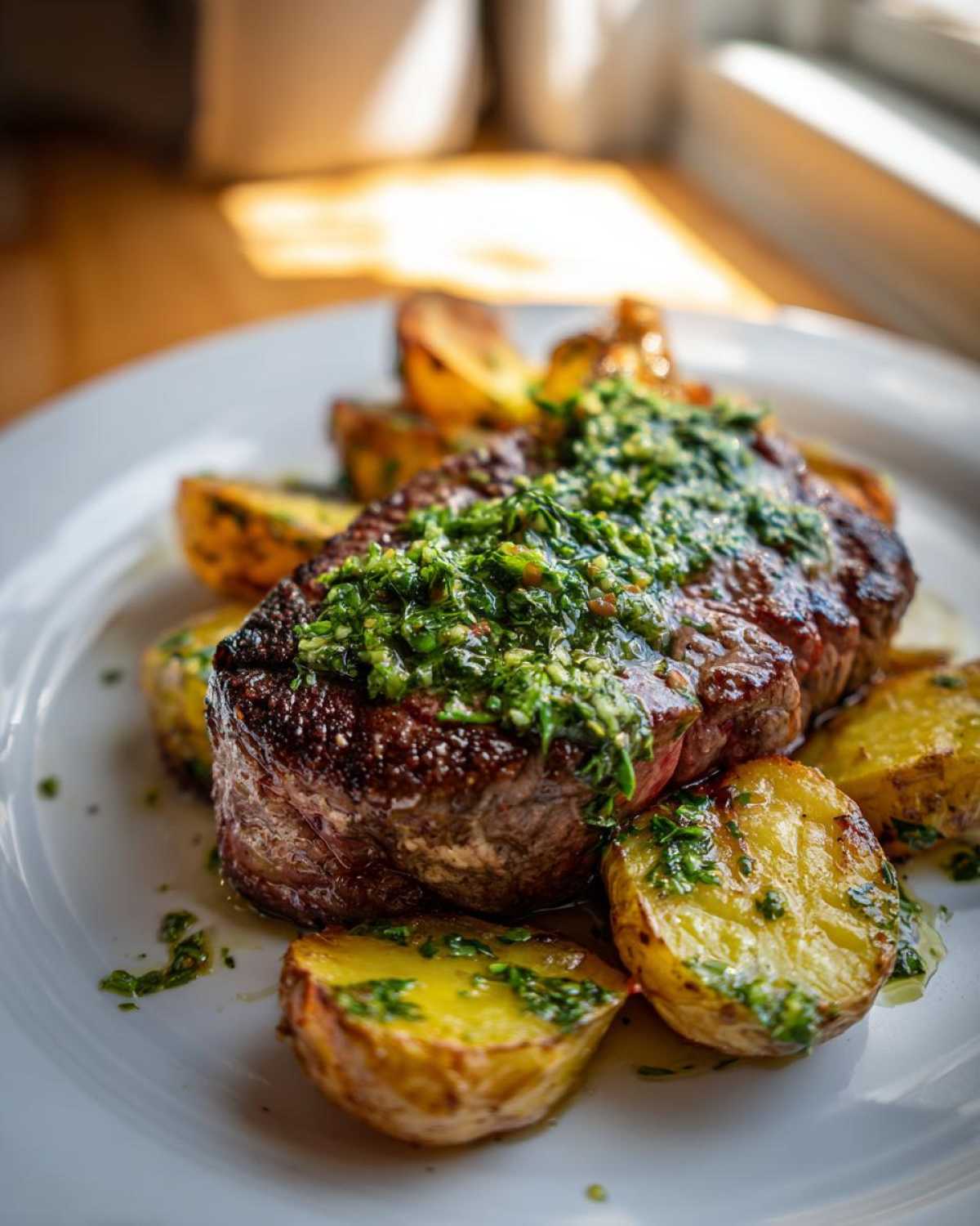 A perfectly cooked steak topped with bright green herb sauce, served alongside roasted potatoes, part of the Garlic Butter Steak and Potatoes recipe.
