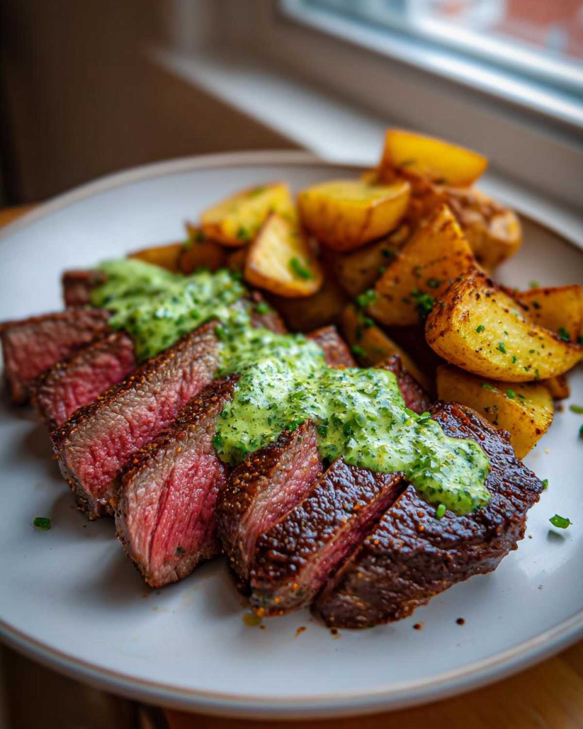Perfectly cooked, sliced Garlic Butter Steak and Potatoes topped with a bright green herb sauce.