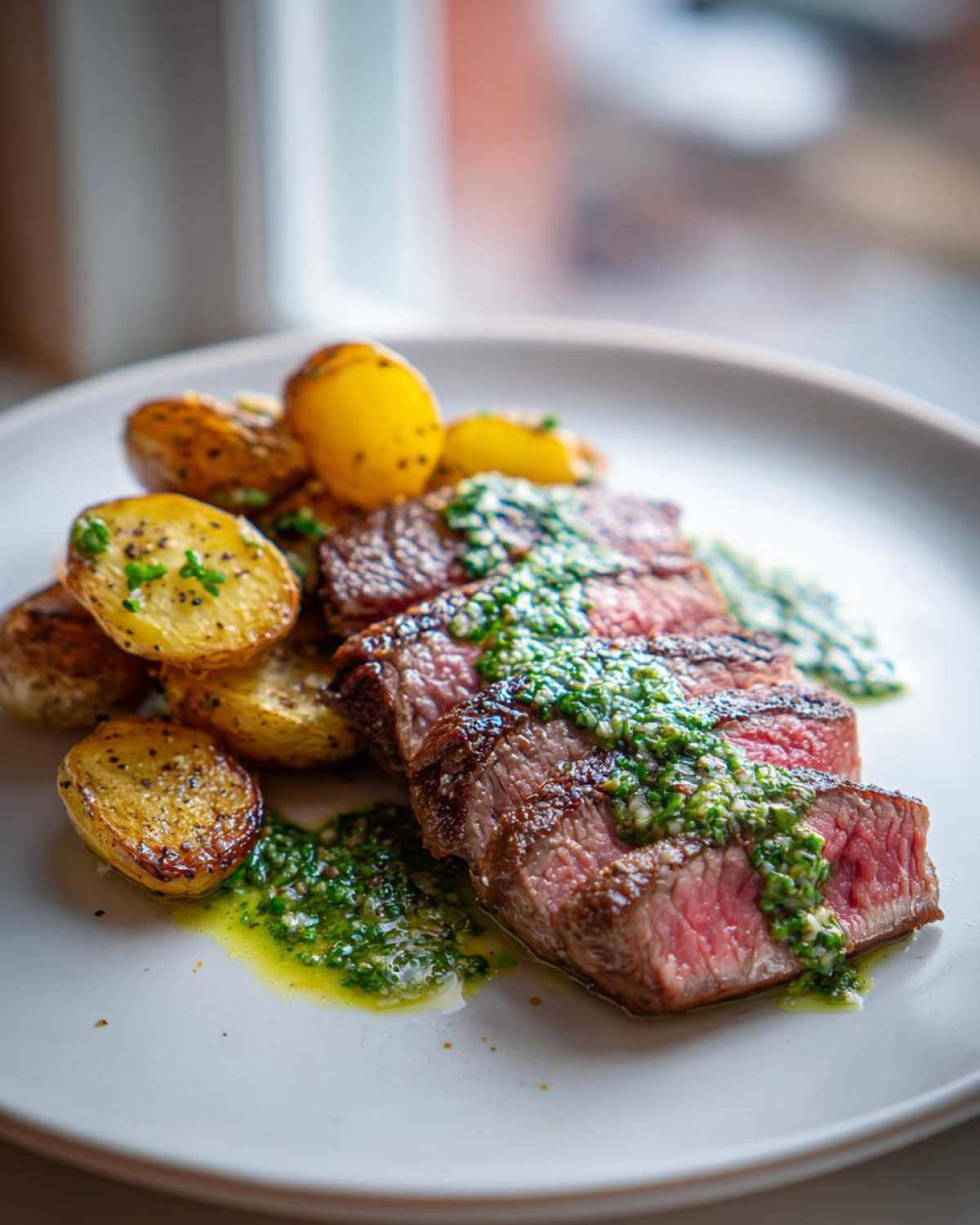 Perfectly cooked Garlic Butter Steak and Potatoes with Herb Sauce, sliced medium-rare.