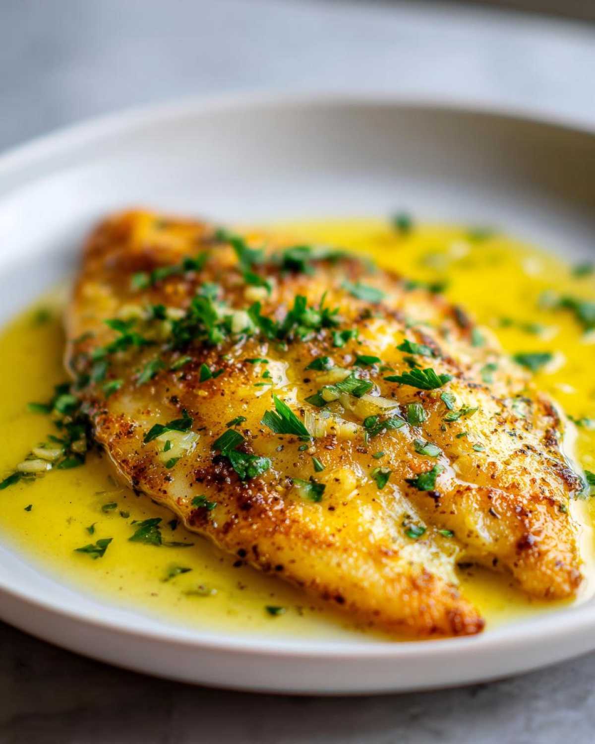 A perfectly cooked fillet of Garlic Butter Tilapia with Lemon Sauce, topped with fresh parsley.