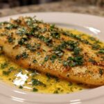 Close-up of a perfectly cooked fillet of Garlic Butter Tilapia with Lemon Sauce, topped with fresh parsley.
