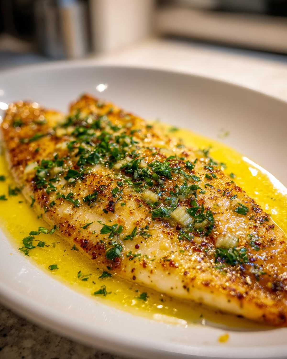 A beautifully cooked fillet of Garlic Butter Tilapia with Lemon Sauce, topped with fresh parsley and sitting in melted butter.
