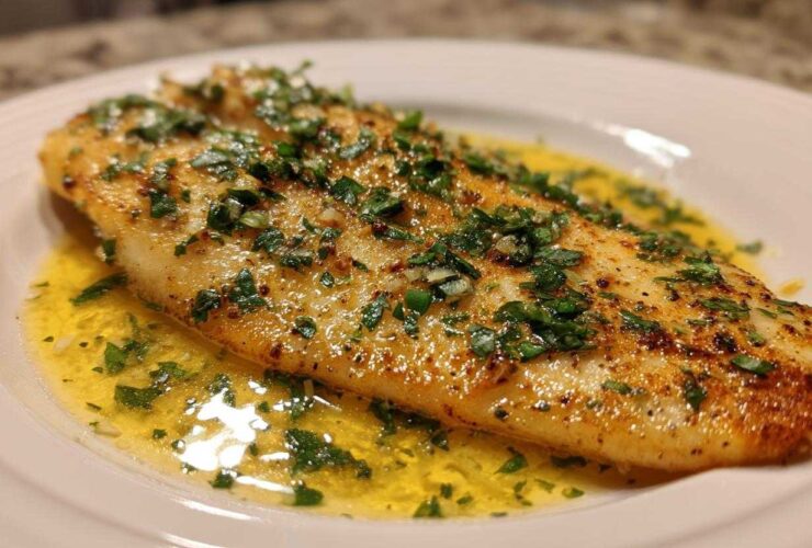 Close-up of a perfectly cooked fillet of Garlic Butter Tilapia with Lemon Sauce, topped with fresh parsley.