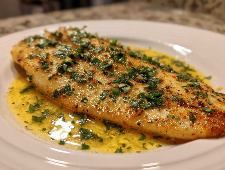 Close-up of a perfectly cooked fillet of Garlic Butter Tilapia with Lemon Sauce, topped with fresh parsley.