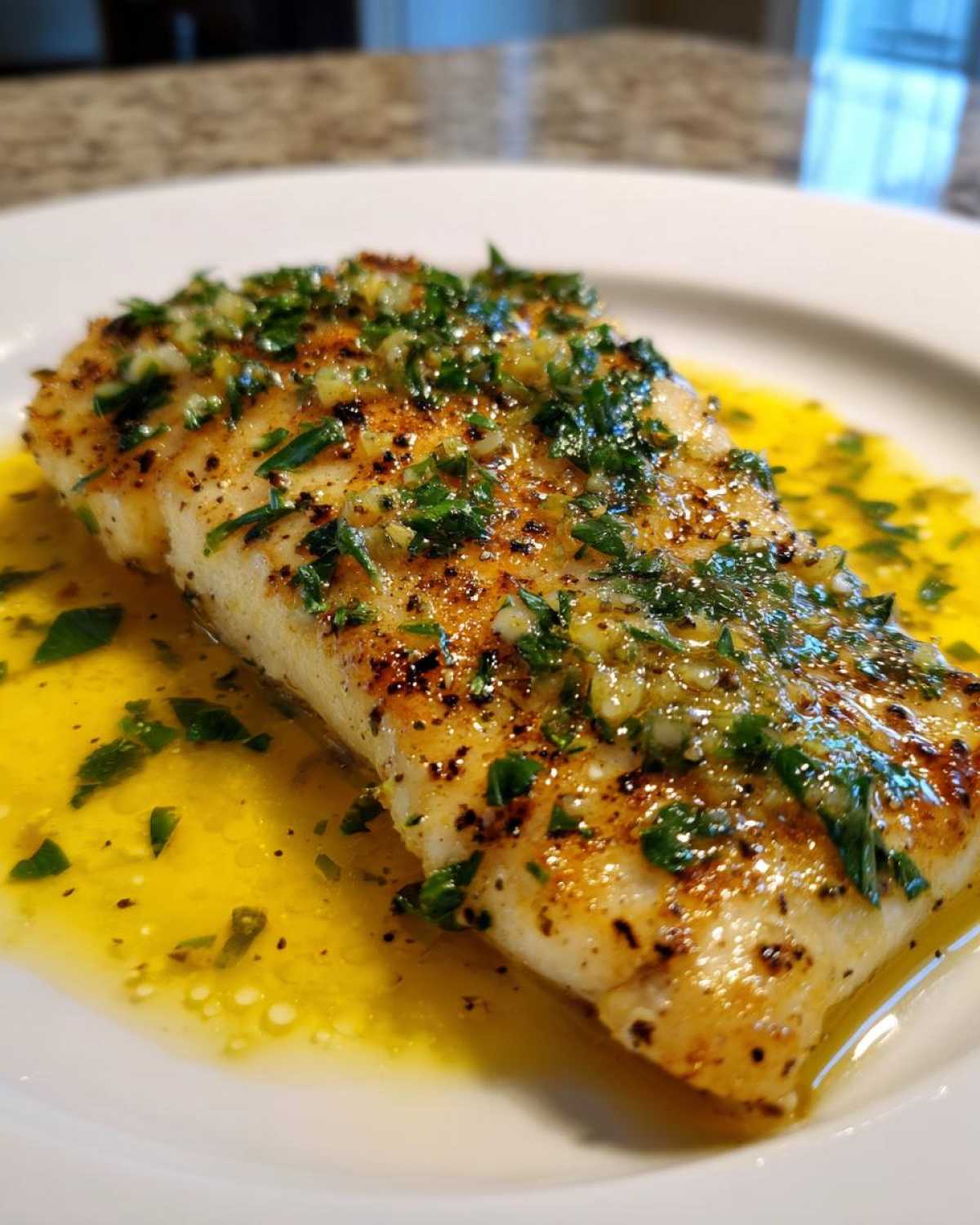 Close-up of a pan-seared fillet of Garlic Butter Tilapia with Lemon Sauce, glistening in butter and topped with fresh parsley.