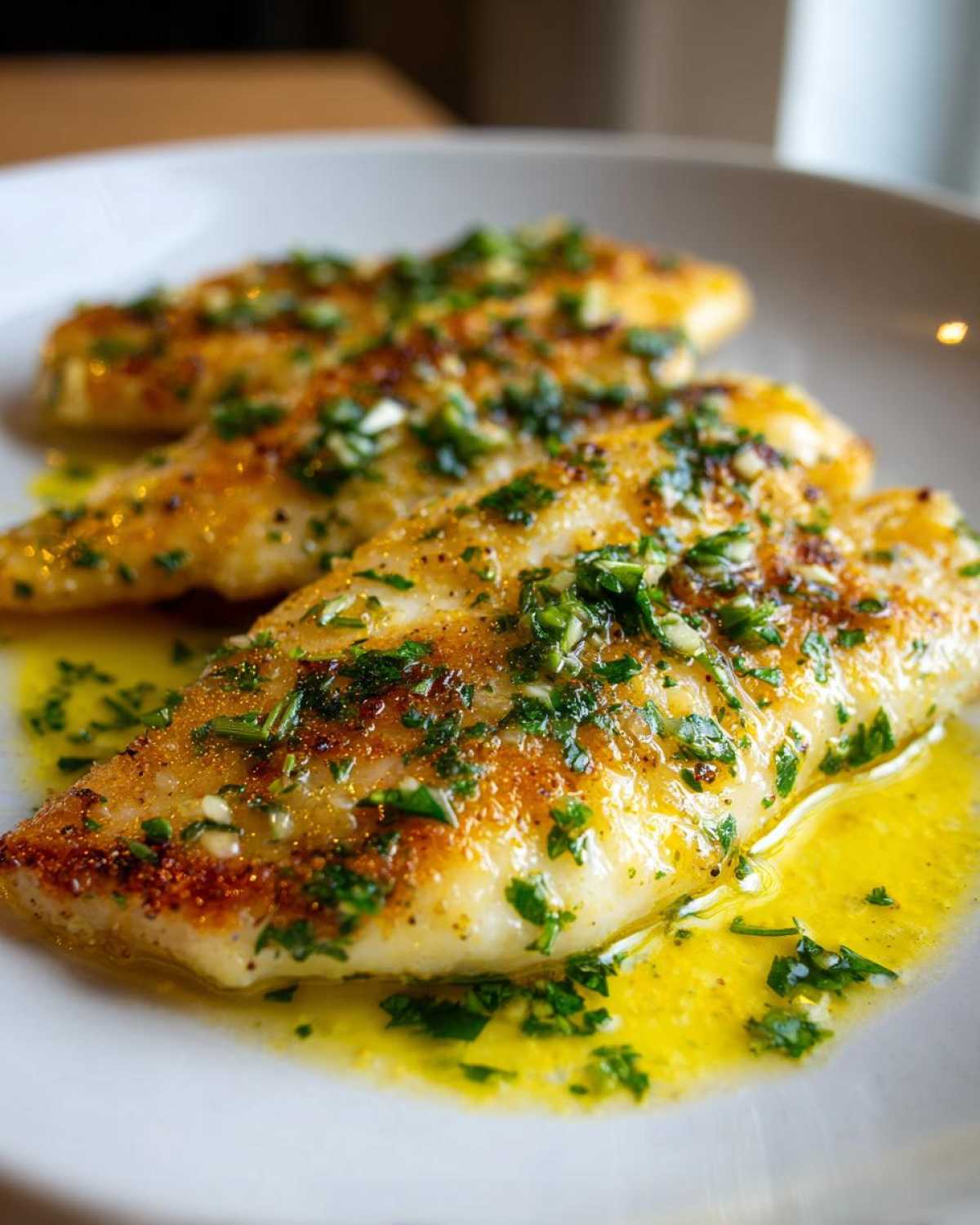Close-up of pan-seared Garlic Butter Tilapia with Lemon Sauce, glistening in melted butter and topped with fresh parsley and garlic.