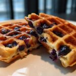 A close-up shot of two halves of a golden brown Gluten-Free Blueberry Waffles, showing juicy blueberries inside.