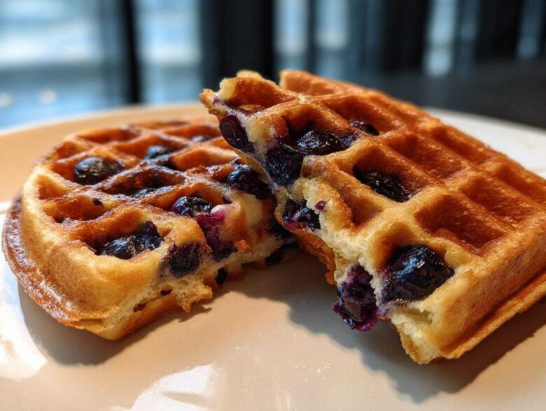 A close-up shot of two halves of a golden brown Gluten-Free Blueberry Waffles, showing juicy blueberries inside.