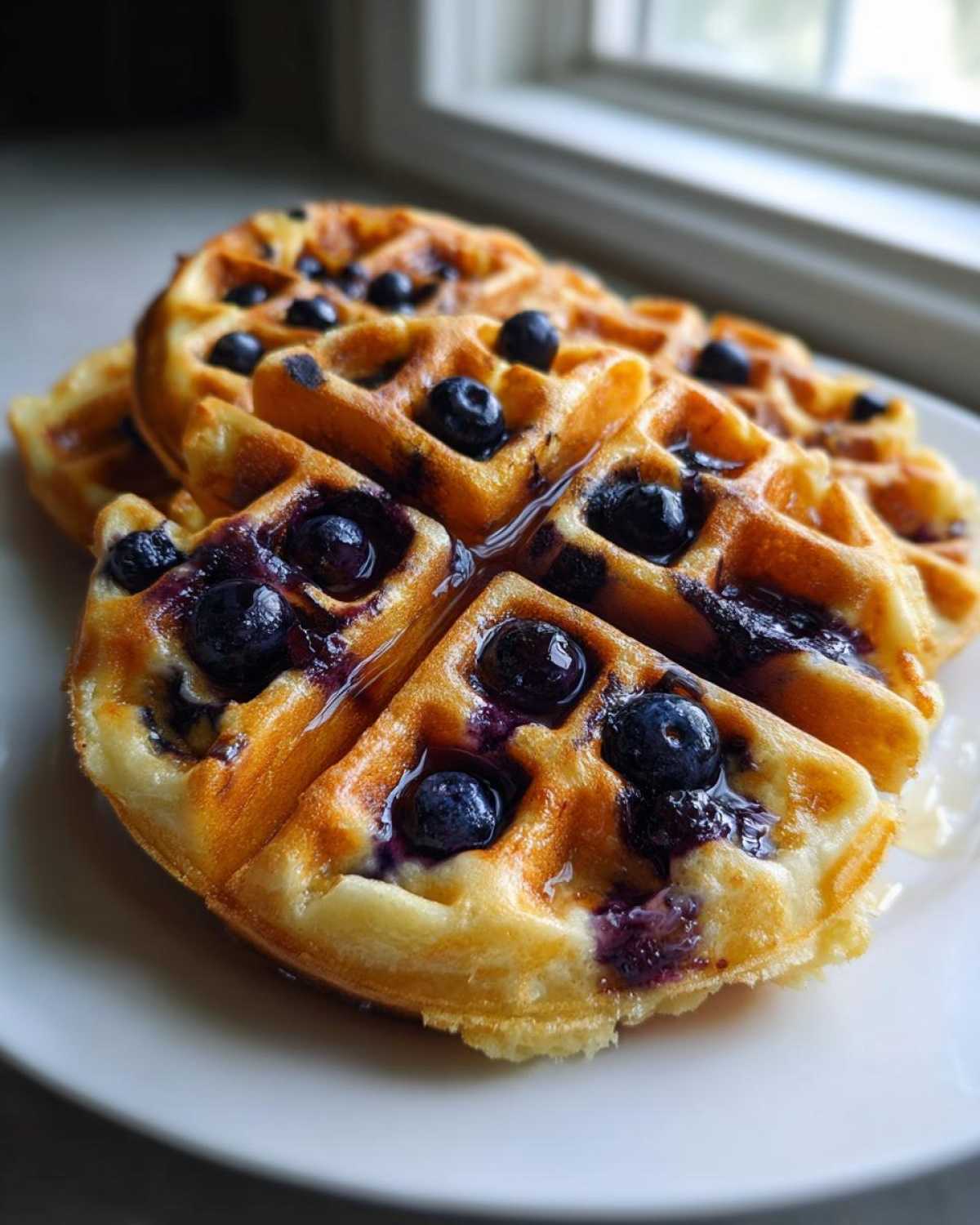 Close-up of stacked, golden Gluten-Free Blueberry Waffles drizzled with syrup and bursting with fresh blueberries.