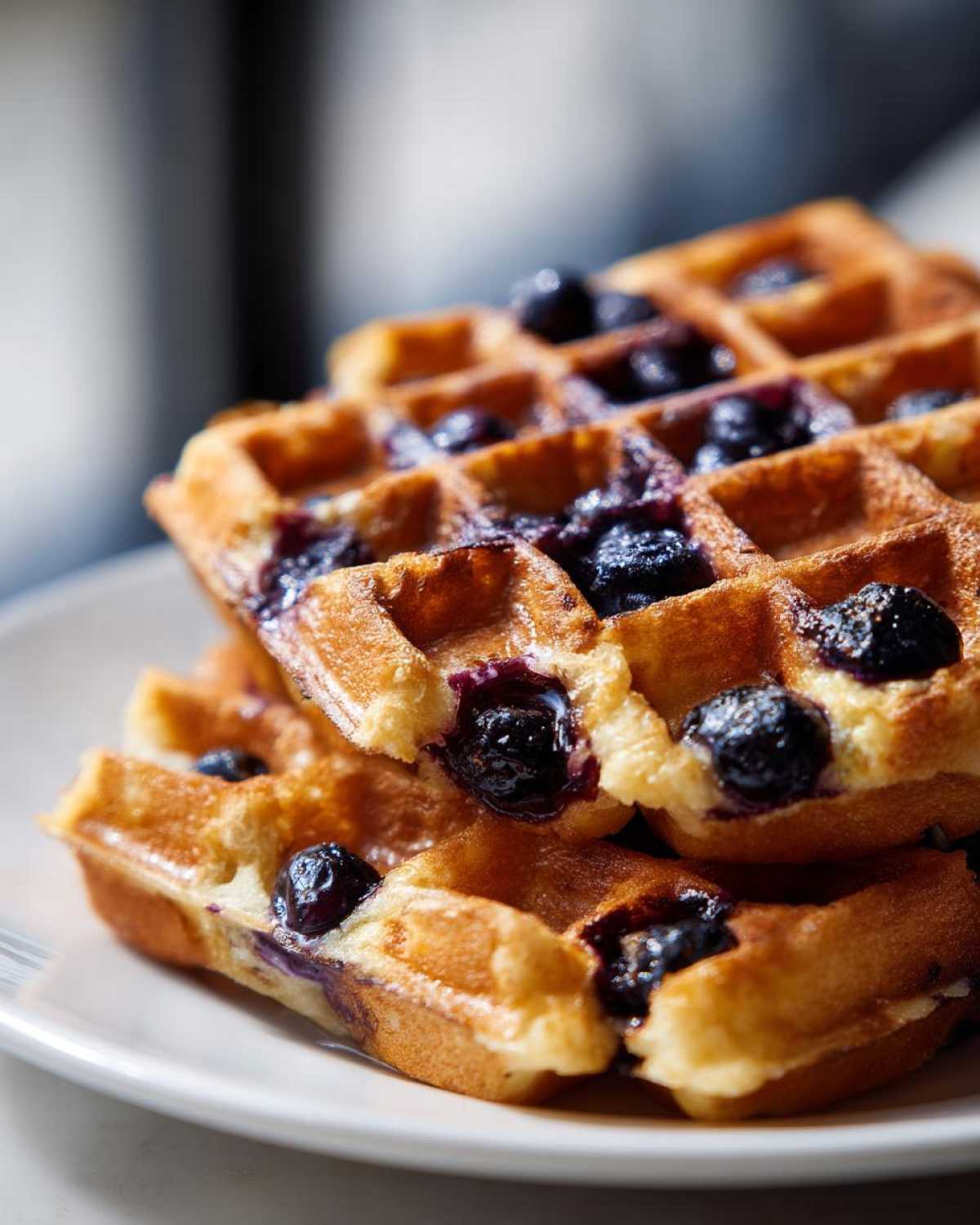 Close-up of two stacked, golden Gluten-Free Blueberry Waffles bursting with juicy blueberries on a white plate.