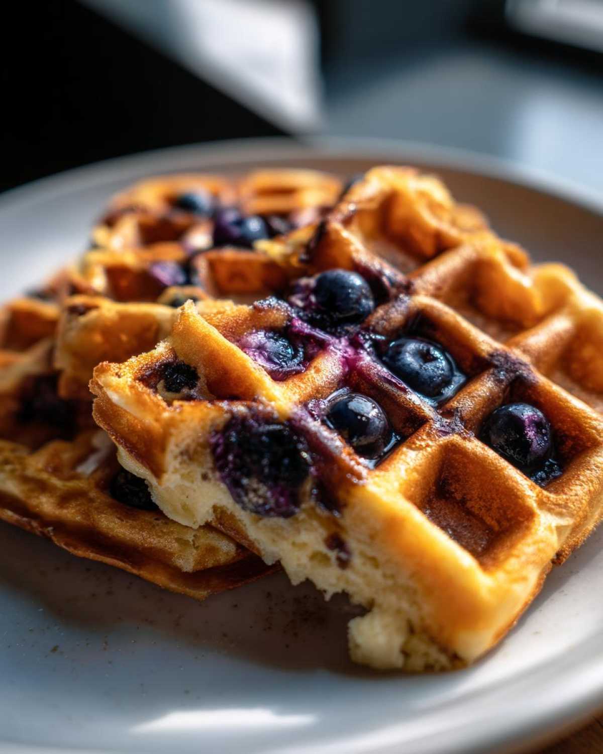 Close-up of golden brown Gluten-Free Blueberry Waffles stacked on a white plate, bursting with juicy blueberries.