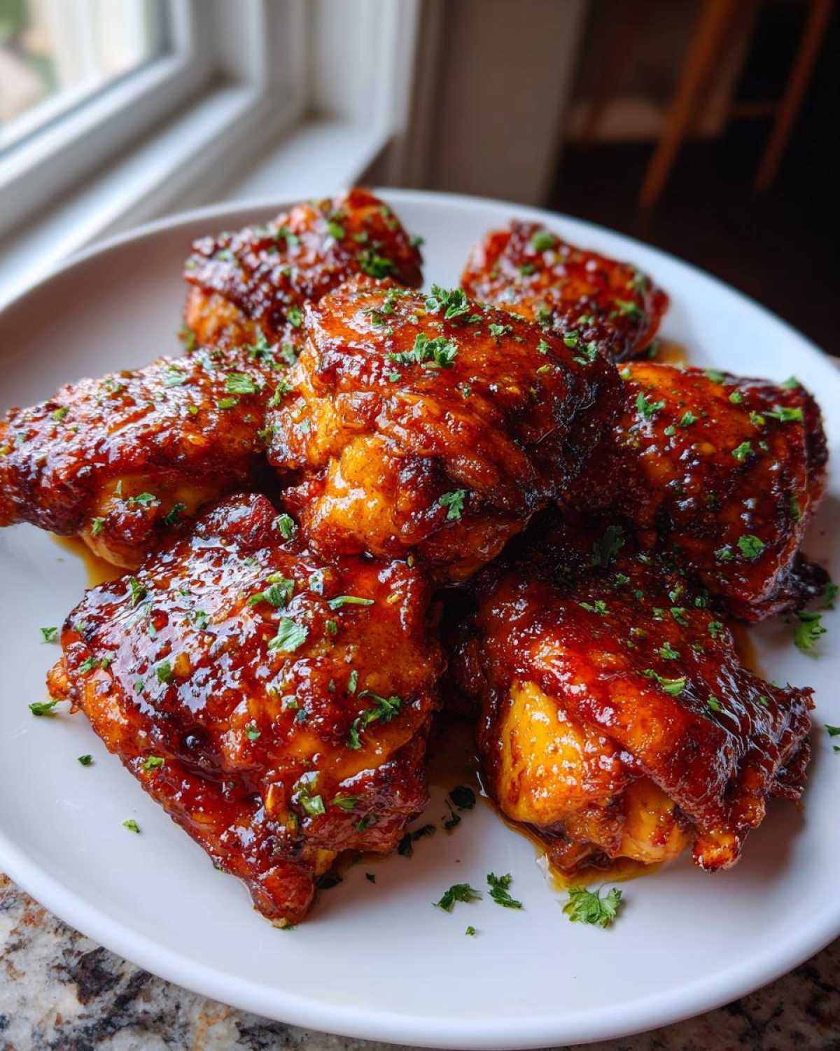 A plate piled high with glistening Honey Butter Chicken Skillet pieces, coated in a rich glaze and sprinkled with parsley.