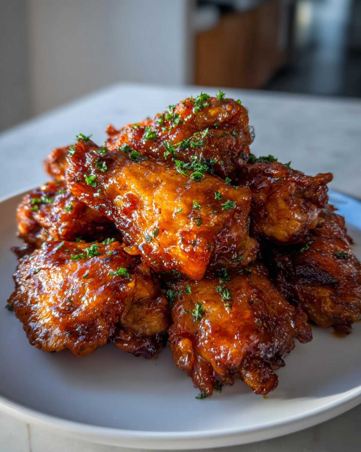 A pile of glistening Honey Butter Chicken Skillet pieces coated in a rich, amber glaze and sprinkled with fresh parsley.