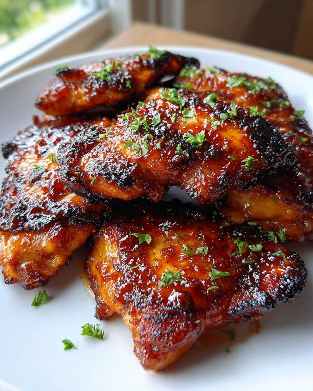 Close-up of several pieces of Honey Butter Chicken Skillet with a rich, dark glaze and fresh parsley garnish.