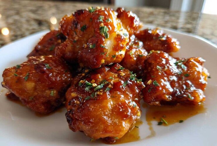 Close-up of glistening Honey Butter Chicken Skillet pieces coated in a rich glaze and sprinkled with herbs.