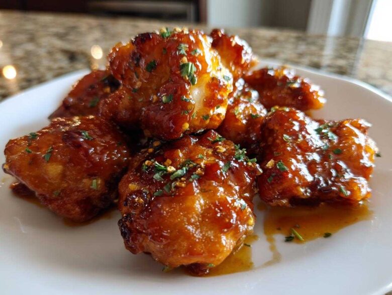 Close-up of glistening Honey Butter Chicken Skillet pieces coated in a rich glaze and sprinkled with herbs.