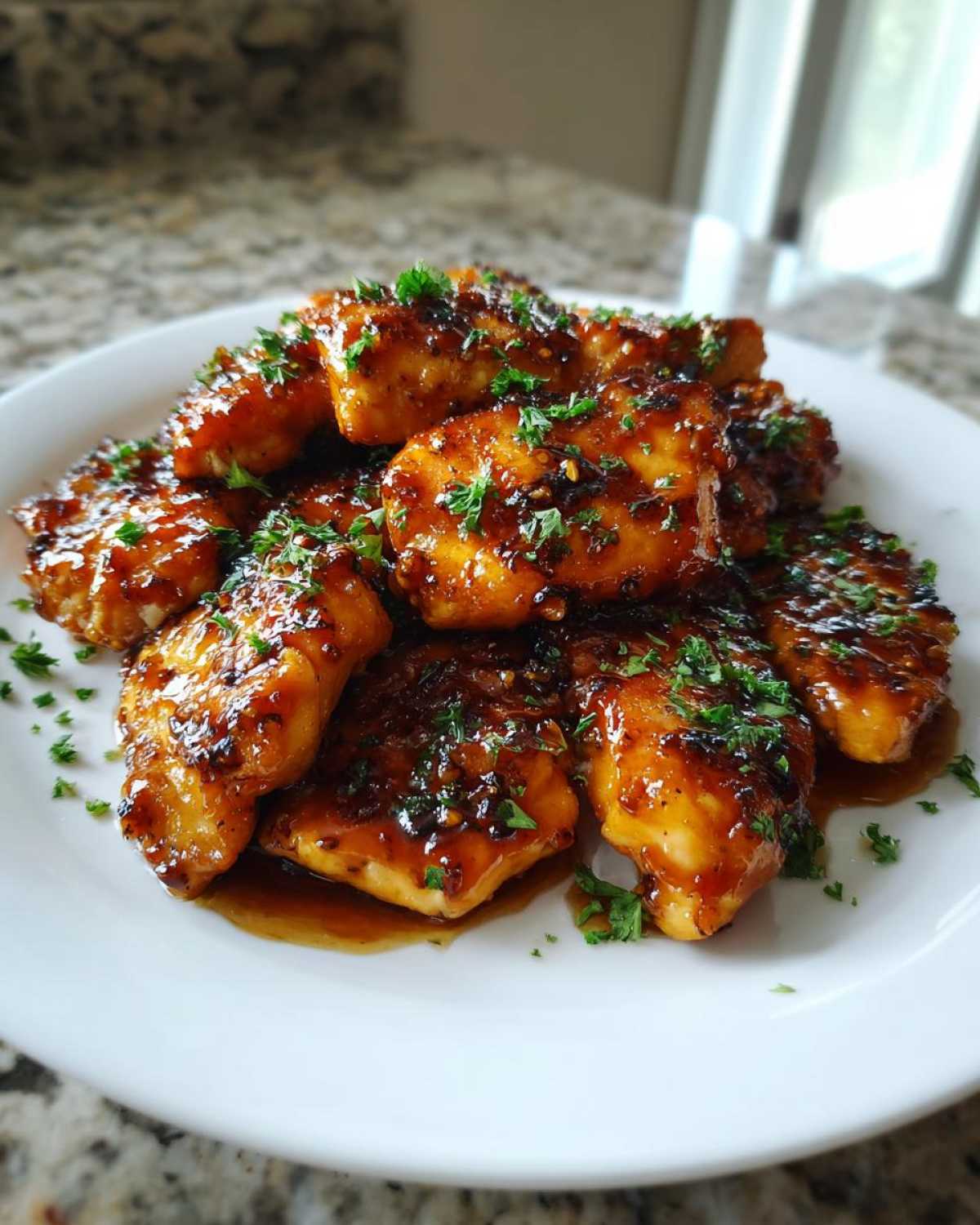 A plate piled high with glazed Honey Butter Chicken Skillet pieces, garnished with fresh parsley.