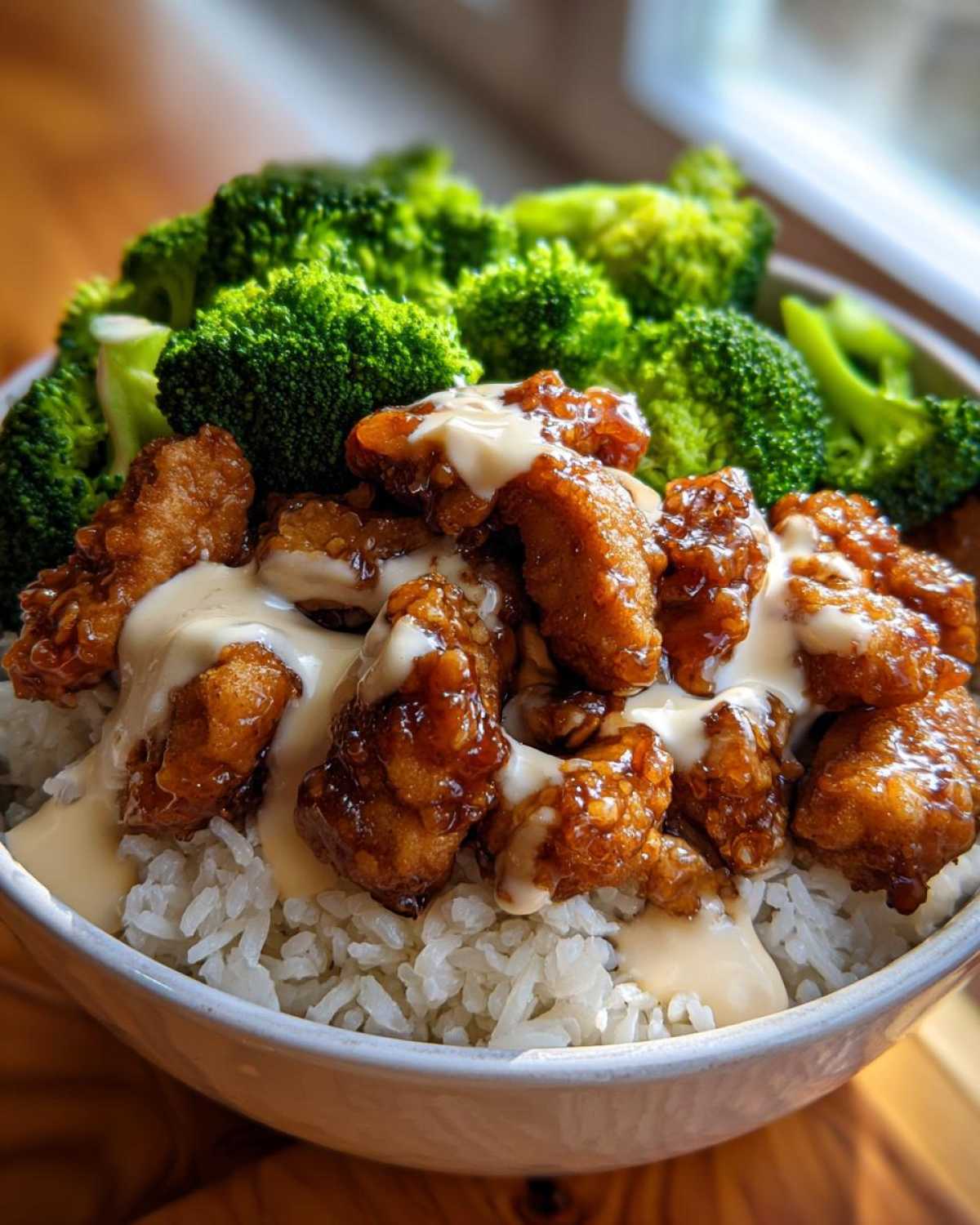 A close-up of a Honey Garlic Chicken Bowl featuring crispy chicken pieces drizzled with creamy sauce over rice and steamed broccoli.