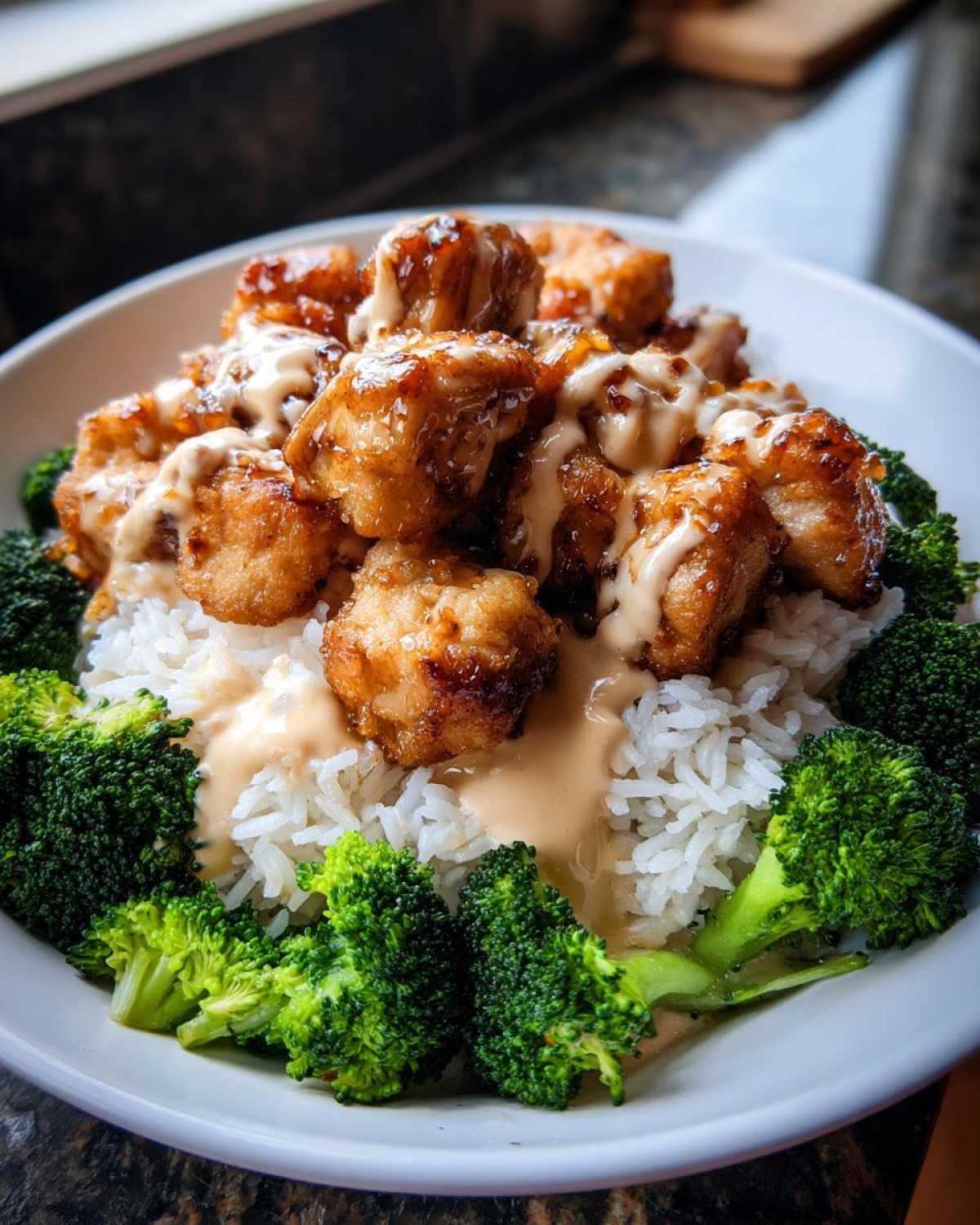 A close-up of a Honey Garlic Chicken Bowl featuring crispy chicken, white rice, steamed broccoli, and drizzled with a creamy sauce.