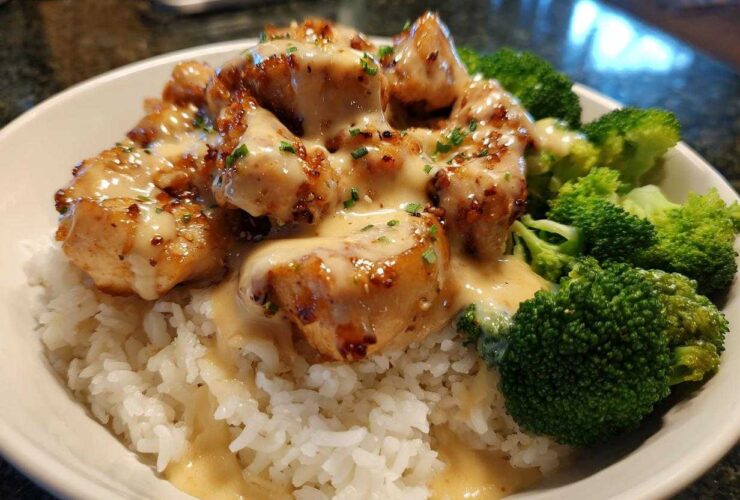 Close-up of a Honey Garlic Chicken Bowl featuring glazed chicken pieces smothered in creamy sauce over white rice and bright green broccoli florets.