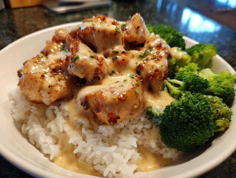 Close-up of a Honey Garlic Chicken Bowl featuring glazed chicken pieces smothered in creamy sauce over white rice and bright green broccoli florets.
