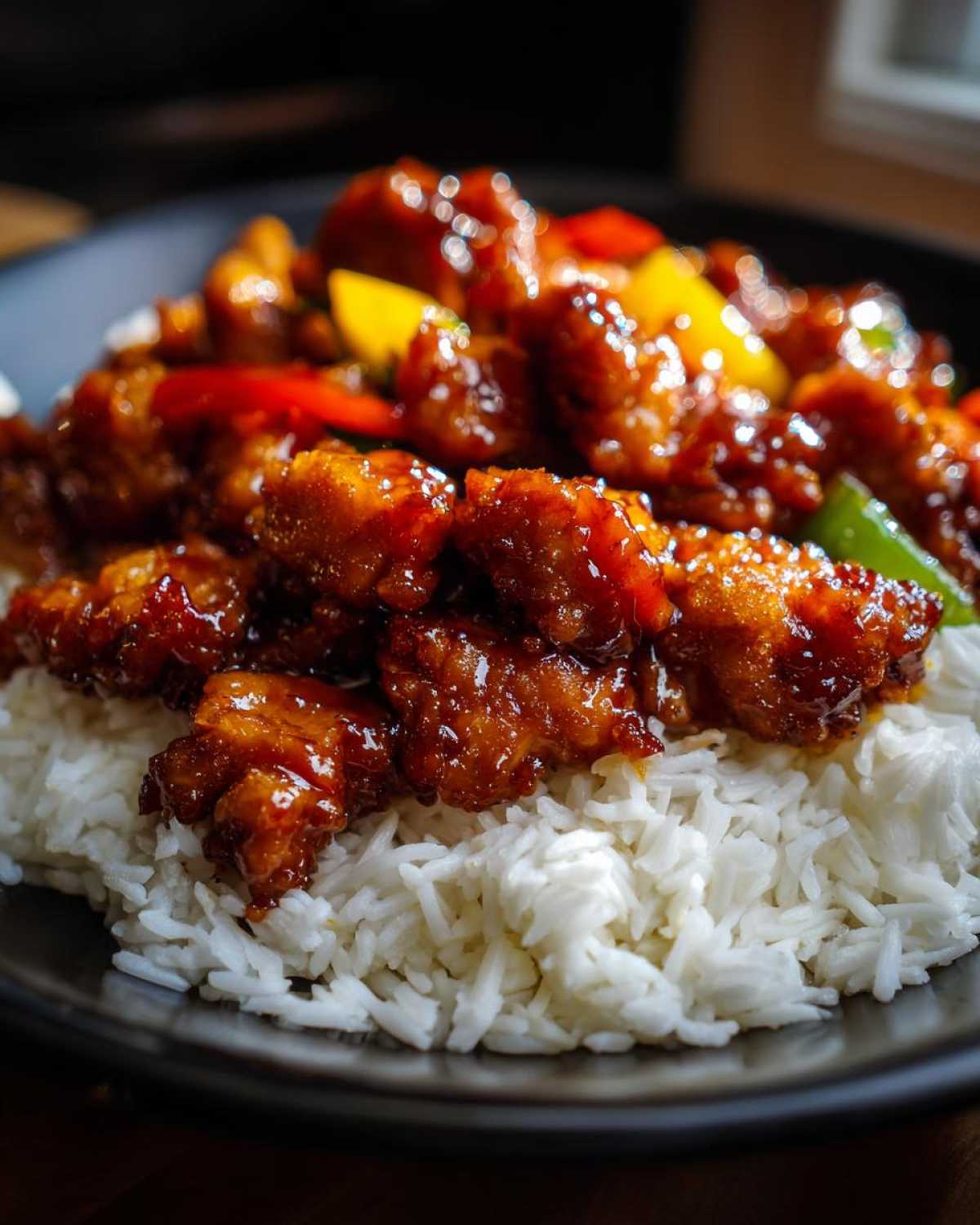 Close-up of glossy Honey Garlic Chicken Skillet pieces served over fluffy white rice with bell peppers.