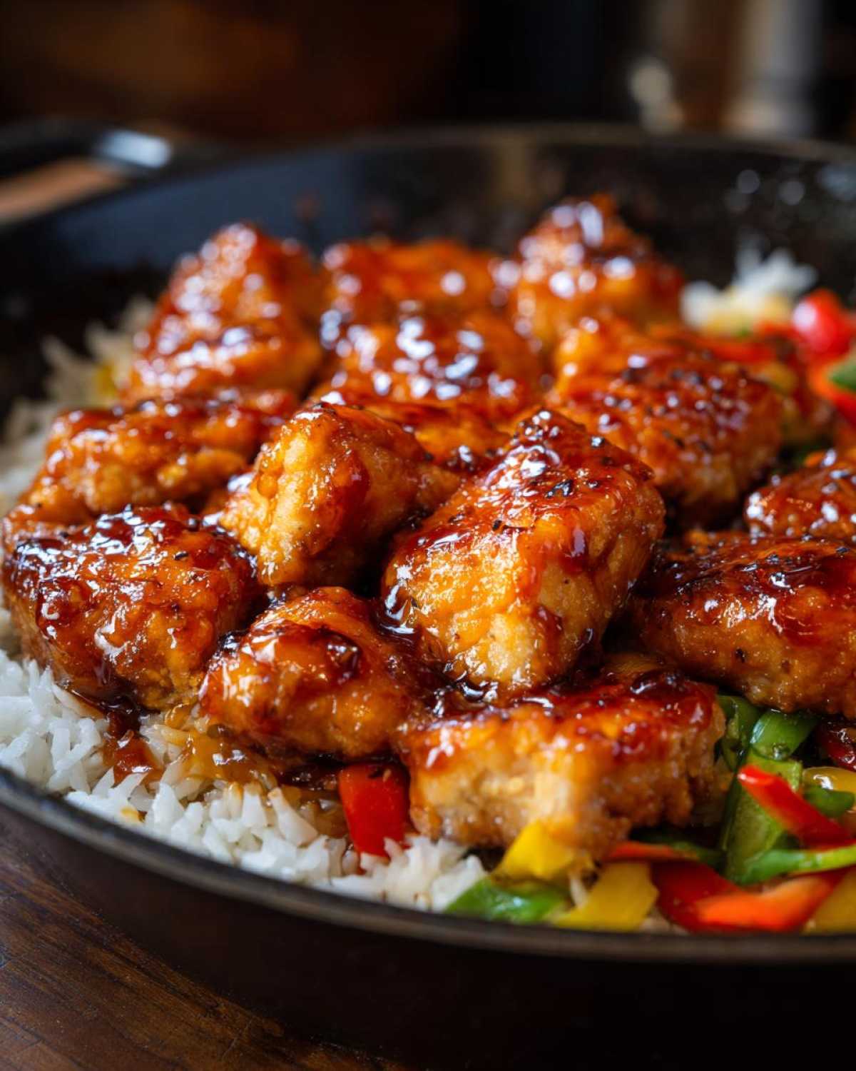 Close-up of Honey Garlic Chicken Skillet with rice and colorful bell peppers, coated in a thick, shiny glaze.