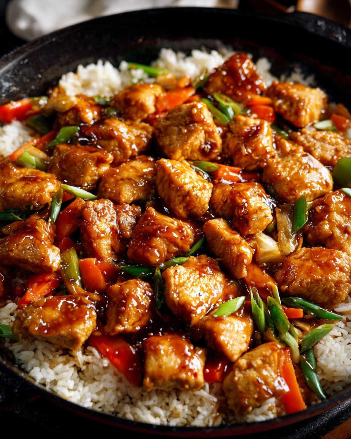 Close-up of glossy Honey Garlic Chicken Skillet with rice, mixed with colorful vegetables like carrots and green onions.