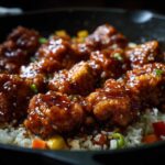 Close-up of glossy, saucy pieces of Honey Garlic Chicken Skillet with Rice in a dark pan.