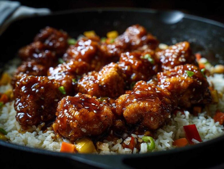 Close-up of glossy, saucy pieces of Honey Garlic Chicken Skillet with Rice in a dark pan.