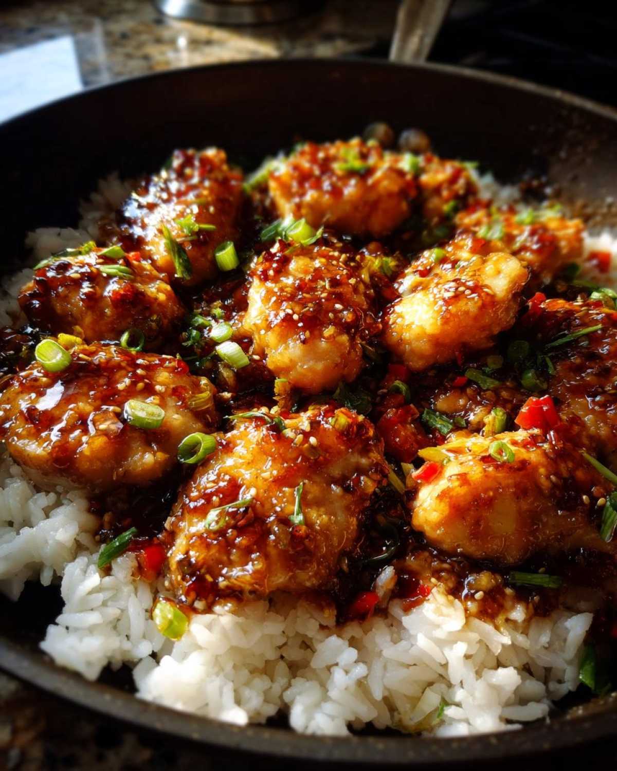 Close-up of Honey Garlic Chicken Skillet with Rice, featuring glazed chicken pieces over white rice, garnished with green onions.