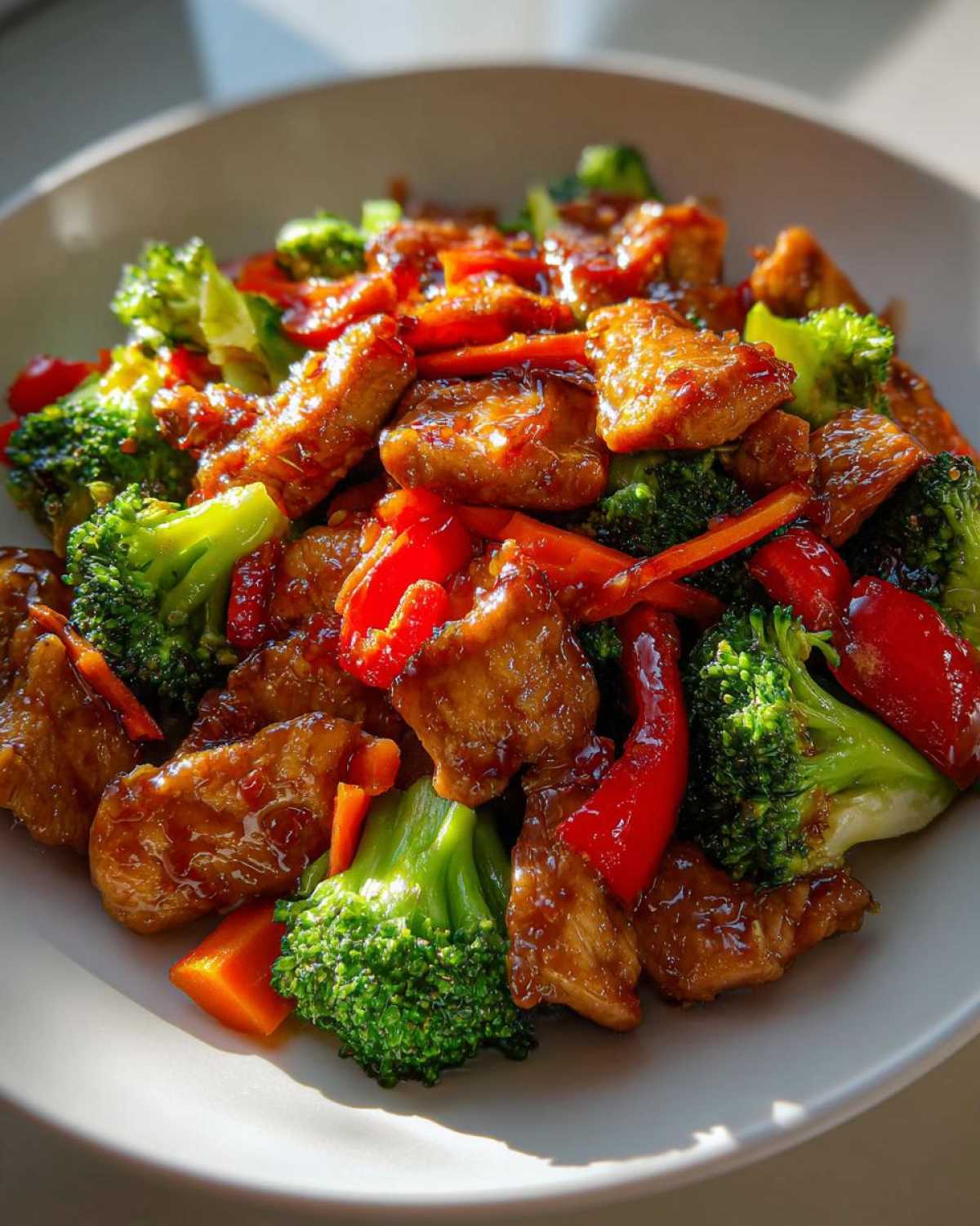Close-up of glossy Honey Garlic Chicken and Veggie Stir Fry featuring chicken pieces, bright green broccoli, and red peppers.