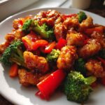 Close-up of Honey Garlic Chicken and Veggie Stir Fry featuring crispy chicken pieces, bright red bell peppers, and broccoli florets.