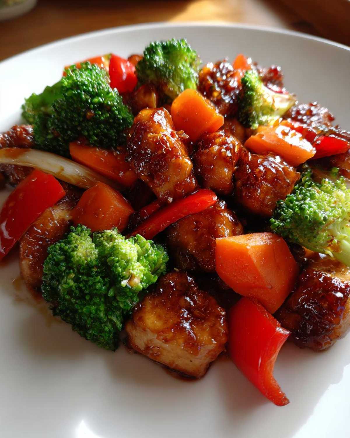 A close-up of glistening Honey Garlic Chicken and Veggie Stir Fry featuring chicken pieces, bright green broccoli, orange carrots, and red peppers.