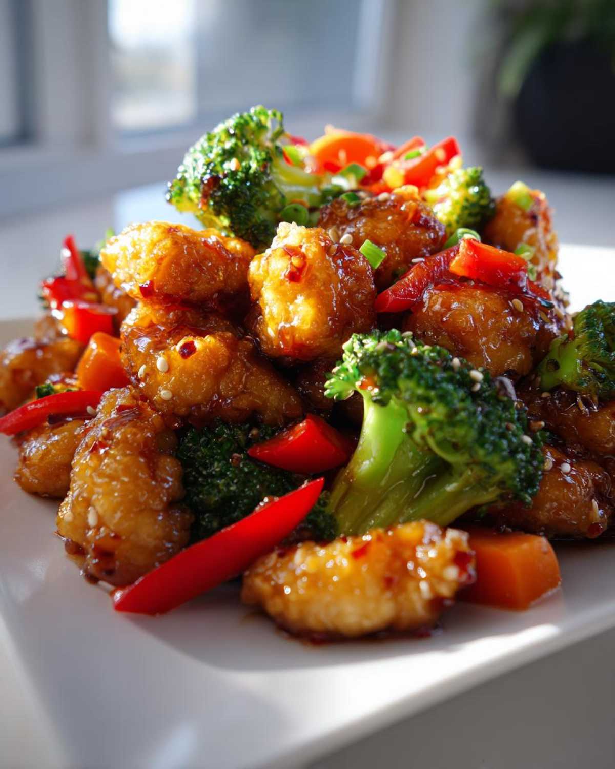 Close-up of crispy Honey Garlic Chicken and Veggie Stir Fry with broccoli, carrots, and red peppers.