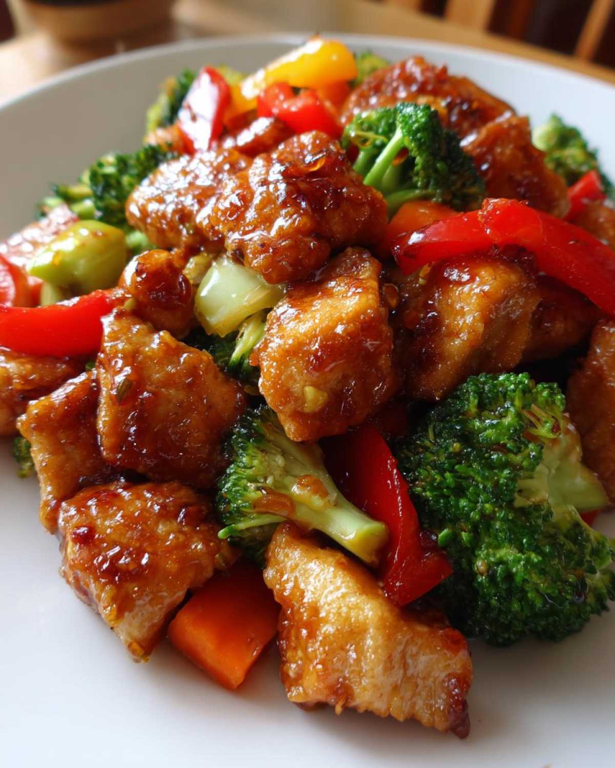 Close-up of Honey Garlic Chicken and Veggie Stir Fry featuring glossy chicken pieces, bright broccoli, and red peppers.