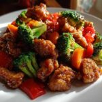 Close-up of Honey Garlic Chicken and Veggie Stir Fry featuring glossy coated chicken pieces, bright green broccoli, and red peppers.