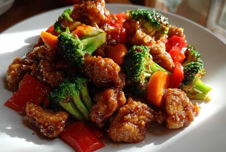 Close-up of Honey Garlic Chicken and Veggie Stir Fry featuring glossy coated chicken pieces, bright green broccoli, and red peppers.