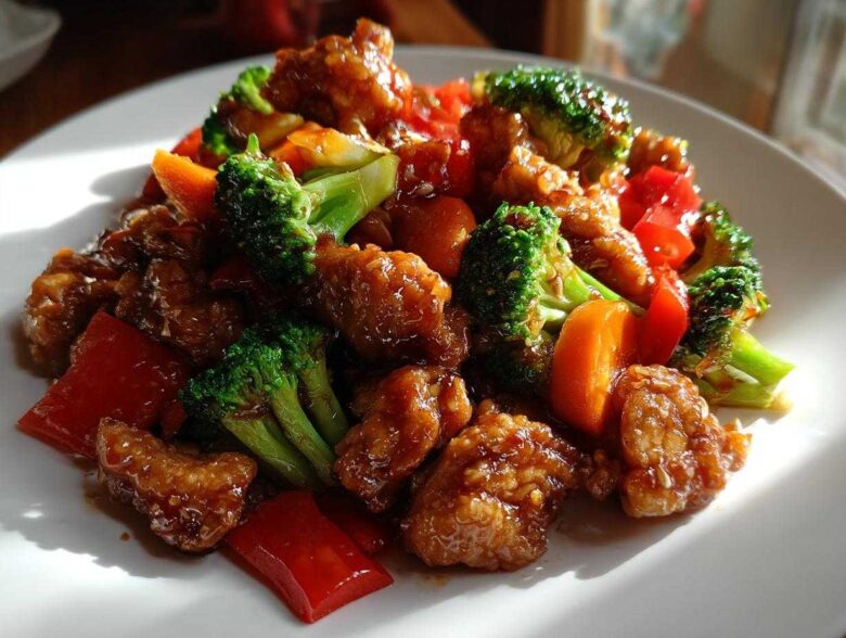 Close-up of Honey Garlic Chicken and Veggie Stir Fry featuring glossy coated chicken pieces, bright green broccoli, and red peppers.